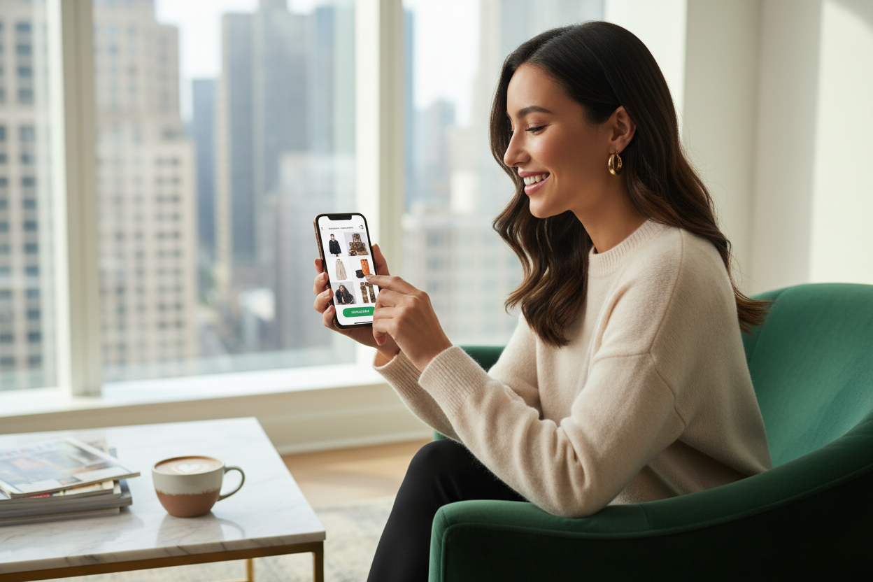 Femme passant une commande sur son téléphone