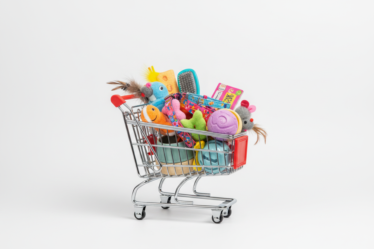 Petit chariot avec produits pour animaux